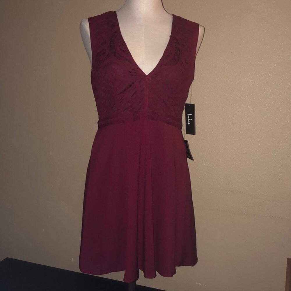 Lulu's Fit & Flare Preppy Boho Hippie Burgundy Sleeveless Lace Top Dress